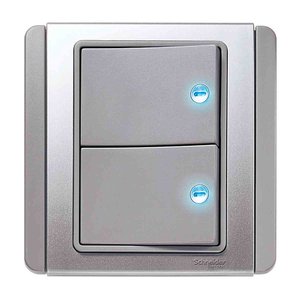 Schneider Electric - 2 Gang 1 Way Horizontal Dolly Switch with Blue LED, Grey Silver, E3032H1_EBGS