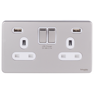 Schneider Electric - Ultimate - Switched Socket 2 USB charger - 2 gang - 13A - metallic - white, GGBGU34202USBWPN