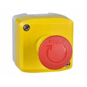 Schneider Electric - Harmony XALD, XALK, Control station, plastic, yellow lid, 1 red mushroom push button Ø40, turn to release, 2 NC